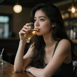 a beautiful young woman drinking her blues away alone at a pub in the evening