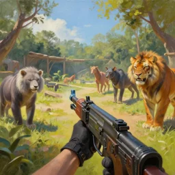 concept art for a first person shooter game set in a zoo, oil painting, realistic, 4 k, stunning, intense, colourful, animals