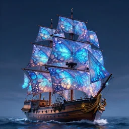 a grand sailing ship with sails made of butterfly wings, ethereal cinematic fantasy illustration, magical, bioluminescence