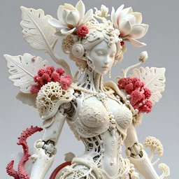 intricate hyper detailed ultra sharp focus 3 d render of a beautiful porcelain ivory fair seductive woman medium shot portrait, close - up, bright 3 point light, alexandre ferra georg loschner white mecha, cyberpunk mechanical haute couture huge fractal mycelum and fungi lace, rasberry chili red sponge corals, huge magnolia goliath head ornaments, big embroidered leaves filigree sinuous roots, octane render, pearls, volumetric cinematic lighting, 8 k, vray tracing, no dof, no blur