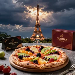so delicious fruits pizza on the table, beacons, worm dynamic lighting, pierre herme paris, godiva products photo