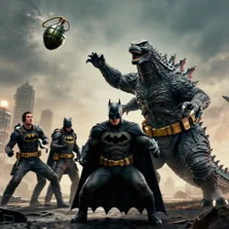8 k, cinematic, high detailed, high quality photograph of batman throwing a grenade at godzilla
