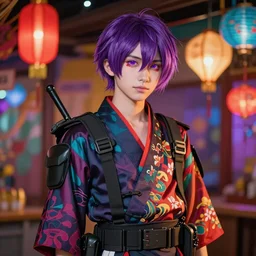 colorful and festive captivating teenager boy with straight purple hair, purple eyes with red eye markers, slim body, wearing japanese combat clothes. rich vivid colors, ambient lighting, dynamic lighting, 4 k, atmospheric lighting, painted, intricate, highly detailed by charlie bowater