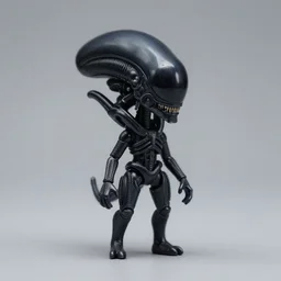 a doll of a female xenomorph with a black vinil skin miniature cute, macro, studio background, good light,
