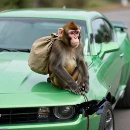 monkey with a bag on a green 1 9 7 6 camaro, photo, detailed, 4 k