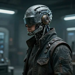 a masked rugged laboratory engineer man with cybernetic enhancements as seen from a distance, scifi character portrait by greg rutkowski, craig mullins, daytoner, 1 / 4 headshot, cinematic lighting, dystopian scifi outfit, gloomy, profile picture, mechanical, cyborg, half robot, implants, dieselpunk, hyper detail