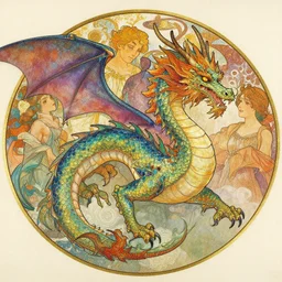high angle shot of a beautiful, colorful dragon, alphonse mucha, rhads, ross tran, artstation, artgem, octane render, 1 6 k