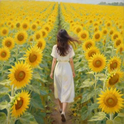 a girl slowly walking through amazing tall sunflower field, her hair flowing down, subtle, intricate details, real masterpiece, oil on canvas, by somsak anong