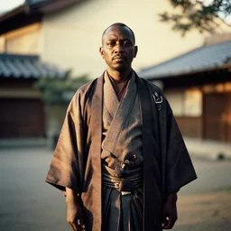analogue photo of an african tribal chief in Japanese Haori & Hakama, 35mm, f/1.4, Golden Hour light, photo shot my Martha Cooper,