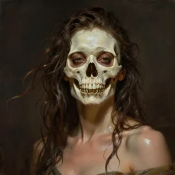 epic portrait an woman with a skull face, wet flowing hair, sweaty skin, broad light, ambient occlusion, volumetric light effect, made by ivan aivazovsky, peter mohrbacher, greg rutkowski, matte painting, trending on artstation, 4 k, perfectly defined features, digital painting,