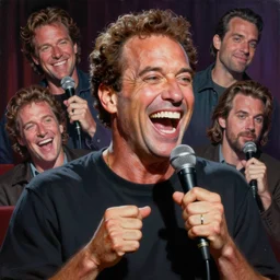 a mixed media portrait painting of nineties jerry seinfeld laughing hysterically in a comedy club by frank frazetta, greg rutkowski, christian macnevin, wlop, krenz cushart, epic fantasy character art, volumetric lighting, cgsociety, exquisite detail, masterpiece, cinematic