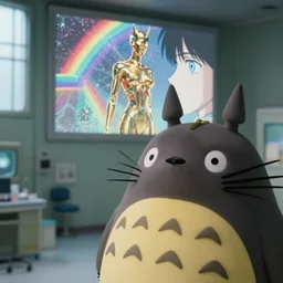 fuji 5 0 r, 3 5 mm ; hyperrealistic closeup faberge in totoro film still of mri lab interior with window view ; in the background projection of beautiful rainbow matrix film still of gold vporwave cyborg statue seinen manga scene, eye contact ; in style of 1 9 9 0 frontier in tilt shift closeup porcelain photography architectural studio edition, hyper detailed, cinematic lighting, 8 k