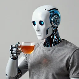 a human with a robot head holding a cup of tea, anaglyph