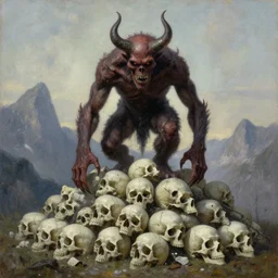 a monster in the mountains of hell on pile of skulls, oil painting by tomasz jedruszek, cinematic lighting, pen and ink, intricate line, hd, 4 k, million of likes, trending on artstation