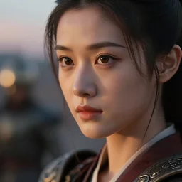 close - up photo of a beautiful warrior princess in a battle scene, detailed eyes, shallow depth of field, photorealistic, cinematic lighting, lovely bokeh, warm colours, dusk
