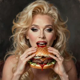 portrait of bette midler eating hamburgers, extra onions and ketchup, luscious patty with sesame seeds, feminine ethereal, handsome, d & d, fantasy, intricate, elegant, highly detailed, digital painting, artstation, concept art, matte, sharp focus, illustration, art by artgerm and greg rutkowski and alphonse mucha