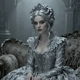 cinestill 5 0 d portrait of a beautiful woman by annie liebovitz, sitting on a baroque thorns chaise longue poed in a dystopian misty haunted house environment, pale silver tonal matt, hair intricate style, dress are intricate gothic lace, elegant, highly detailed, soft foggy blur, artstation, sharp focus, head in focus,
