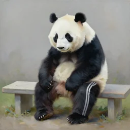oil painting of a sad panda that sits on a flat bench alone and sad with gym pants