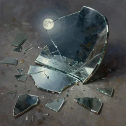 a broken mirror, many pieces, broken, shards, lying on the ground, many shards, very detailed, digital painting, oil painting, moonlight, hyperrealistic, highly detailed, beautiful, artstation, cgsociety