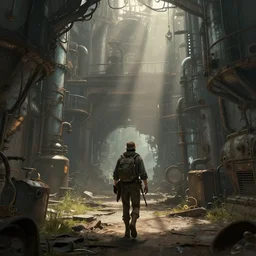 Fantasy matte painting of an adventurer walking through an abandoned steampunk industrial factory, volumetric light scattering, highly detailed, Andreas Rocha, Greg Rutkowski, Darek Zabrocki, ArtStation, CGSociety, Unreal Engine, 4K, 8K