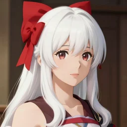 Portrait of a japanese princess young lady, with white hair and bangs with a red with a red bow tied in her hair!!!! beauty artwork by Makoto Shinkai, Studio Ghibli, white hair, ayaka genshin impact, ayaka, ayaka game genshin impact, ayaka, extremely detailed, beautiful, establishing shot, artistic, shadows, high quality, unreal engine, overwatch art team