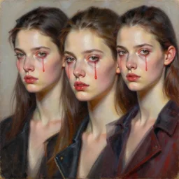 3 d, fashion models looks into the frame, red tears, intricate oil painting, high detail, figurative art, multiple exposure, poster art, 3 d, by tooth wu and wlop and beeple