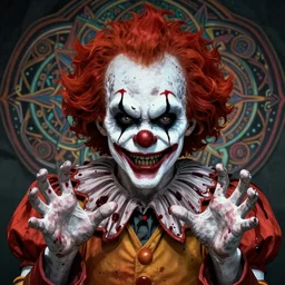 4K headshot of scary clown with defined arms and open hands and bloody clothes with giant mandala wings , intricate face , flawless anime cel animation by Kentaro Miura, psychedelic , highly detailed upper body , professionally post-processed , beautiful, scary, symmetry accurate features, epic, octane rendered, anime masterpiece, accurate