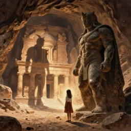 a young girl stands next to a rock giant, shadow of the colossus, in front of a temple, in a large desert cave, dramatic lighting, hudson river school