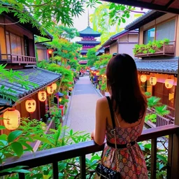 a vibrant dream of nostalgic psychedelic hallucination of a girl from behind on a balcony looking over a street in kyoto japan, lush plants and lanterns, a beautiful woman wearing a gucci dress, high fashion, by moebius, edward hopper and james gilleard, zdzislaw beksinski, steven outram hd, 8 k, artstation