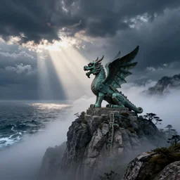 a statue of a gargoyle on top of a misty mountain, ocean storm, 4k, Crepuscular Rays, Octane render