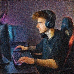 Rembrandt painting. Portrait of a handsome streamer wearing gaming headset playing PC games on his computer with RGB mouse and keyboard with gamer lights in his streamer room