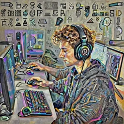 Rembrandt painting. Portrait of a handsome streamer wearing gaming headset playing PC games on his computer with RGB mouse and keyboard with gamer lights in his streamer room