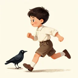 vintage illustration of a young asian boy running along with a friendly crow