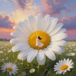 giant white daisies flower head, girl dancing in a flower field, surreal photography, sunrise, dramatic light, impressionist painting, colorful clouds, digital painting, artstation, simon stalenhag
