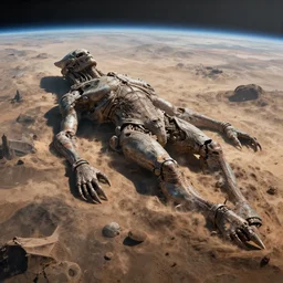 the remains of a colossal creature lie on on a deserted planet, illustration, epic, sci - fi, hyper detailed, smooth, unreal engine 5, sharp focus, ray tracing