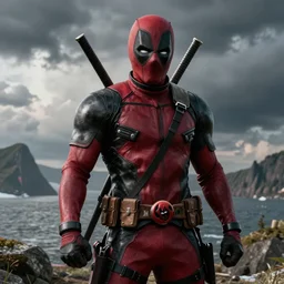a Viking Deadpool, detailed, realistic, dramatic