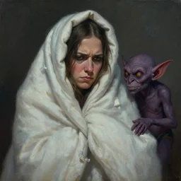 a woman wrapped in a blanket, annoyed by a goblin, by mike davis,