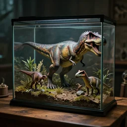 a closed terrarium of jurassic animals on a wooden table, an epic fantasy, dramatic lighting, cinematic, extremely high detail, photorealistic, cinematic lighting, artstation, by simon stalenhag, midsommar
