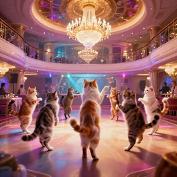 8 k uhd cinema 4 d, octane render of multiple cats with fluffy tails, line dancing at a party, in the ballroom of a luxury cruise liner, beautiful chandeliers from the ceiling, ultra realistic, group photography, 1 0 5 mm lens, multi coloured volumetric lighting