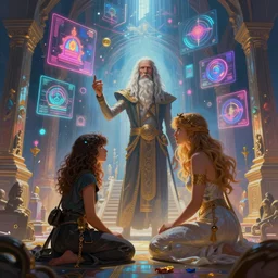 illustration of h. r. giger and liliia sitailo, artist paint in air colorful elements of bright sci - fi hologram elements, ritual in temple, dramatic, sharp focus, depth of field, highly detailed, artstation, digital art, volumetric light, dynamic, expression