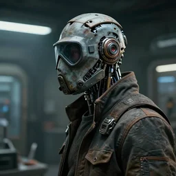 a half - masked rugged laboratory engineer man with cybernetic enhancements as seen from a distance, scifi character portrait by greg rutkowski, craig mullins, 1 / 4 headshot, cinematic lighting, dystopian scifi outfit, profile picture, mechanical, cyborg, half robot, implants, dieselpunk