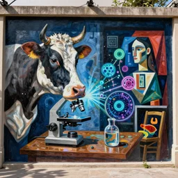a mural of a cow doing research with a microscope cells fluorescent microscopy Picasso guernica