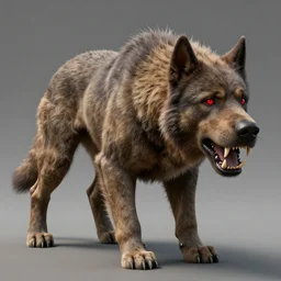 A realistic detailed photo of a big dog-like monster, detailed body, red eyes, bent back, big sharp teeth, weakly hairy skin, light particles, detailed light, realistic shaders, trending on artisation, detailed textures, detailed, realistic.