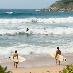 surfers at a beach, 1 9 6 5, artstation