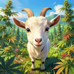 cute goat with huge googley eyes eyes looks intensely into the camera, marijuana trees, multicolored weed leaves, dynamic lighting, landscape, artwork by jeremy lipkin and giuseppe dangelico pino and michael garmash and rob rey and greg manchess and huang guangjian and makoto shinkai, pixiv, 1 0 0 mm