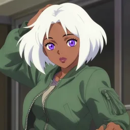 anime poster film still portrait, young woman, black woman, purple colored eyes, purple colored eyes, white french bob, green colored bomber jacket, detailed facial features, dynamic pose, cute face by ilya kuvshinov, yoh yoshinari, makoto shinkai, rimlight, cel shaded, 4 k