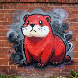 graffiti tag of a friendshaped furry fandom weasel ( stoat ) fursuiter, red and black, smoke cloud backing on a brick wall