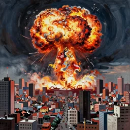 Nuclear explosion in a densely populated city with 20 million people, painted by Pablo Amaringo