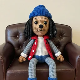 a crocheted mannequin of snoop dogg sitting on a leather sofa with michael myers, political cartoon