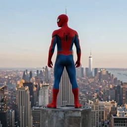 marvel spider - man from back standing on top of the empire state building